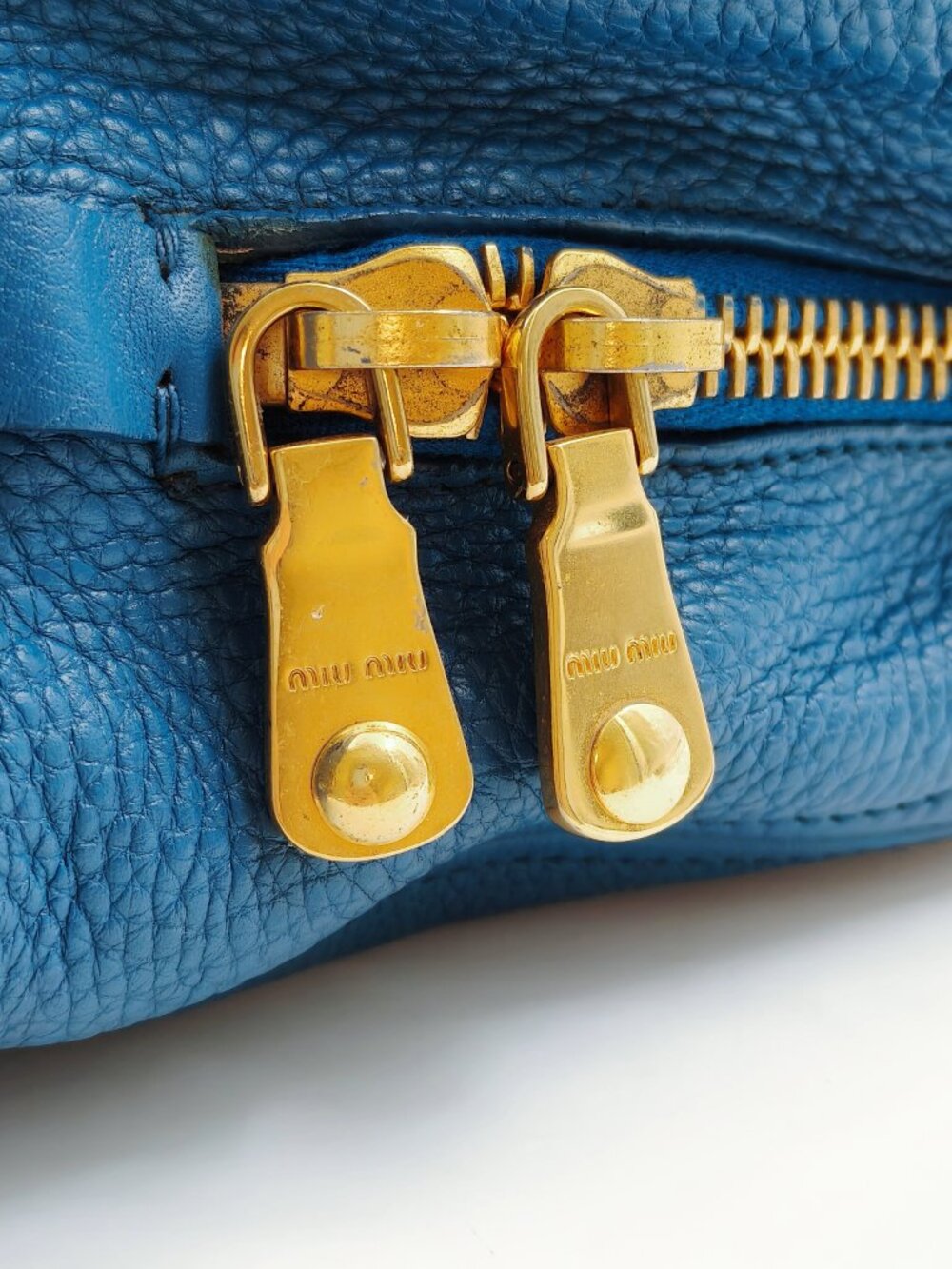 Miu Miu Blue Pebbled Leather Tote Shoulder Bag Gold Hardware - Picture 13 of 15